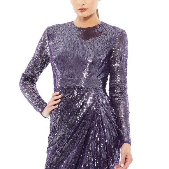 NEW MAC DUGGAL SEQUINED HIGH NECK LONG SLEEVED DRAPE GOWN PURPLE SZ 8 10824 - Picture 2 of 10